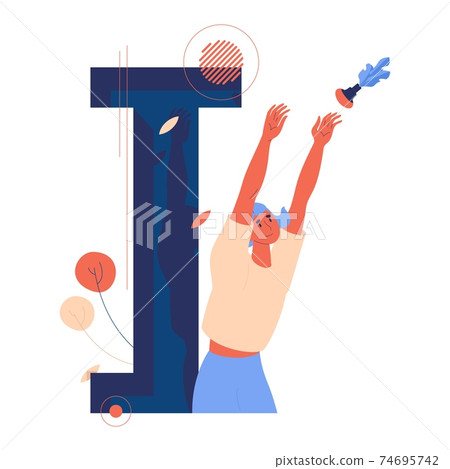 Woman playing indiaca with shuttlecock or featherball and capital letter I. Isolated on white concept sport illustration Woman playing indiaca with shuttlecock or featherball and capital letter I. Isolated on white concept sport illustration 74695742