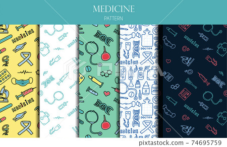 A set of medical seamless patterns. Medical doodle poster with medicines, test tubes and a thermometer. Big pharmacy set. Vector illustration card with hand-drawn pictures. A set of medical seamless patterns. Medical doodle poster with medicines, test tubes and a thermometer. Big pharmacy set. Vector illustration card with hand-drawn pictures. 74695759