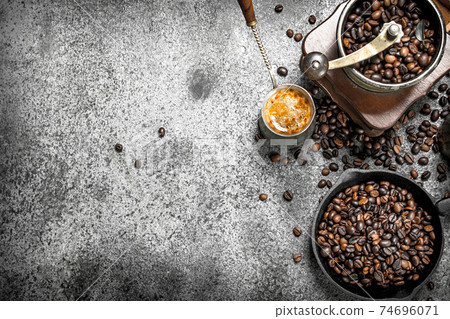 Coffee background. Fresh coffee in turk. Coffee background. Fresh coffee in turk. 74696071