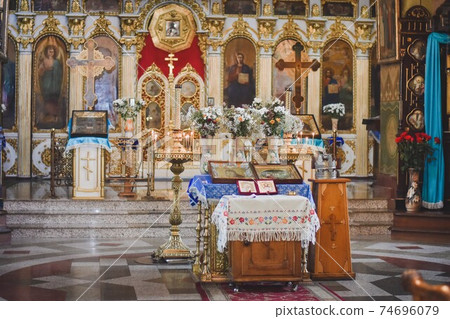Orthodox church inside. The interior of the church. Orthodox church inside. The interior of the church. 74696079