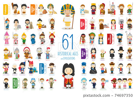 Kids Vector Characters Collection: Set of 61 Historical Ages and Civilizations in cartoon style. Kids Vector Characters Collection: Set of 61 Historical Ages and Civilizations in cartoon style. 74697350