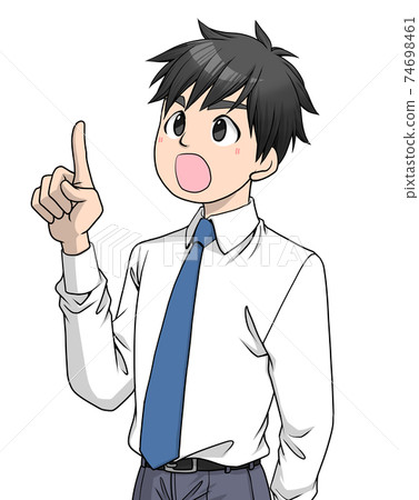A man wearing a shirt and tie that raises his right finger and points upwards A man wearing a shirt and tie that raises his right finger and points upwards 74698461