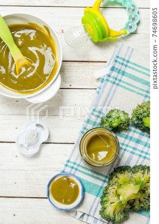 Baby food. Baby puree from broccoli. Baby food. Baby puree from broccoli. 74698605