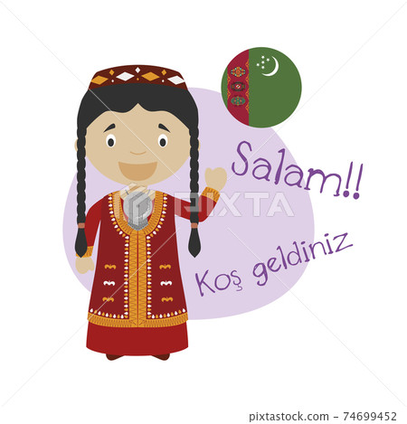 Vector illustration of cartoon character saying hello and welcome in Turkmen Vector illustration of cartoon character saying hello and welcome in Turkmen 74699452