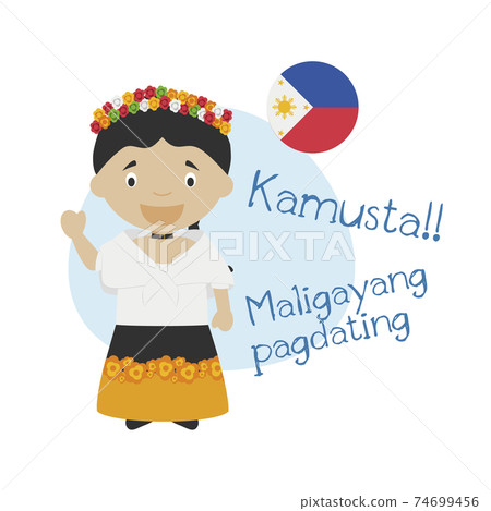 Vector illustration of cartoon character saying hello and welcome in Tagalog 74699456