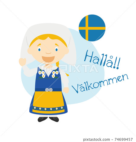 Vector illustration of cartoon character saying hello and welcome in Swedish Vector illustration of cartoon character saying hello and welcome in Swedish 74699457