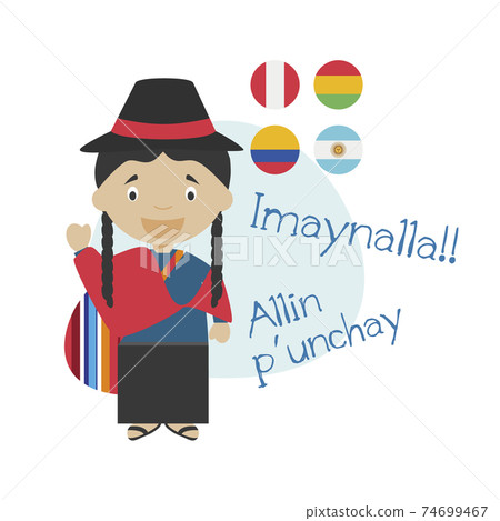 Vector illustration of cartoon character saying hello and welcome in Quechua Vector illustration of cartoon character saying hello and welcome in Quechua 74699467