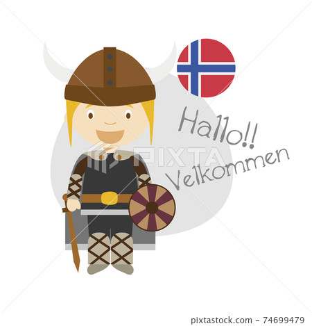 Vector illustration of cartoon character saying hello and welcome in Norwegian 74699479