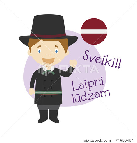 Vector illustration of cartoon character saying hello and welcome in Latvian 74699494