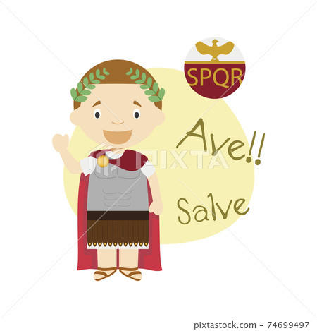 Vector illustration of cartoon character saying hello and welcome in Latin 74699497