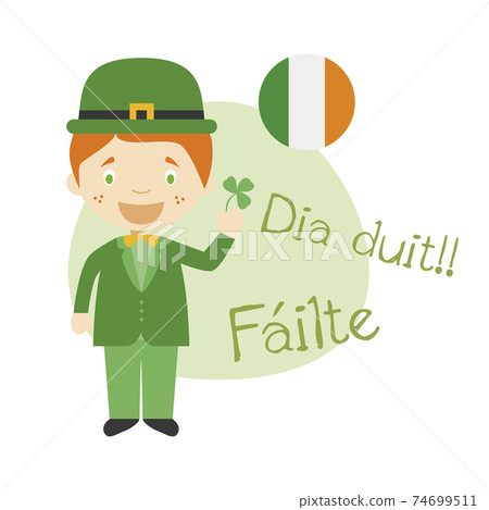 Vector illustration of cartoon character saying hello and welcome in Irish 74699511