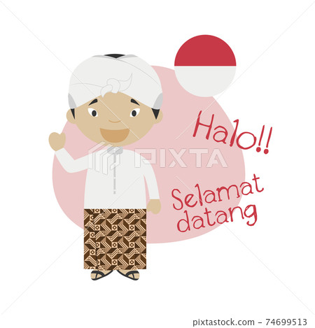 Vector illustration of cartoon character saying hello and welcome in Indonesian 74699513