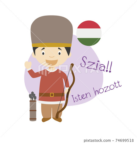 Vector illustration of cartoon character saying hello and welcome in Hungarian 74699518