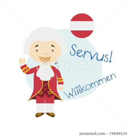 Vector illustration of cartoon character saying hello and welcome in German from Austria 74699524