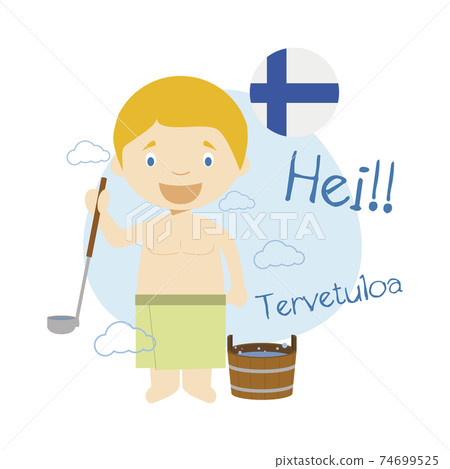 Vector illustration of cartoon character saying hello and welcome in Finnish 74699525