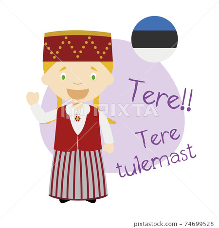 Vector illustration of cartoon character saying hello and welcome in Estonian Vector illustration of cartoon character saying hello and welcome in Estonian 74699528
