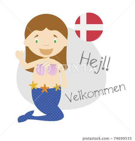 Vector illustration of cartoon character saying hello and welcome in Danish Vector illustration of cartoon character saying hello and welcome in Danish 74699535