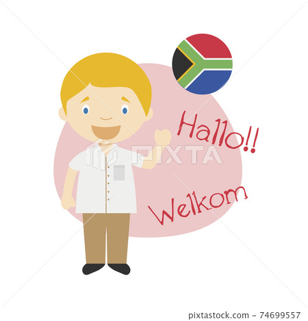 Vector illustration of cartoon character saying hello and welcome in Afrikaans 74699557
