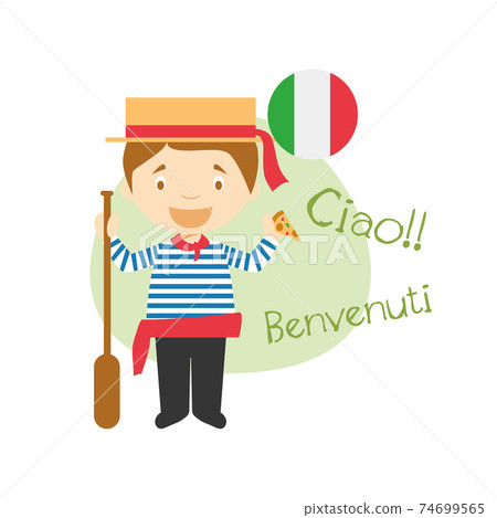 Vector illustration of cartoon characters saying hello and welcome in Italian Vector illustration of cartoon characters saying hello and welcome in Italian 74699565