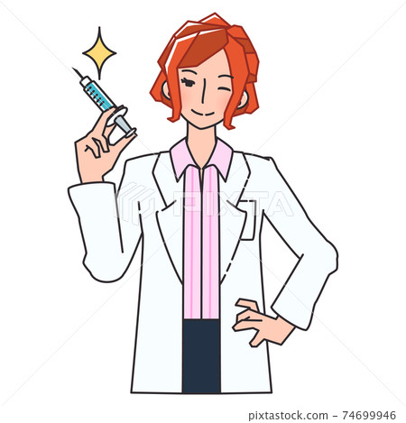Illustration of a doctor in a white coat holding a syringe 74699946