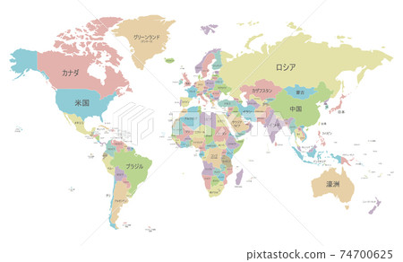 Political World Map vector illustration isolated on white background with country names in japanese. Editable and clearly labeled layers. 74700625