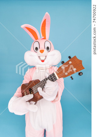 Positive funny musician guitarist plays music by ukulele or Hawaiian guitar isolated on blue. Easter bunny or rabbit or hare celebrates Happy easter Positive funny musician guitarist plays music by ukulele or Hawaiian guitar isolated on blue. Easter bunny or rabbit or hare celebrates Happy easter 74700922