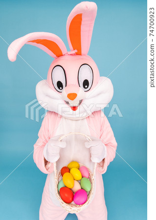 Easter bunny or rabbit or hare holds basket of colored eggs, having fun, dancing, celebrates Happy easter. Easter rabbit isolated on blue background 74700923