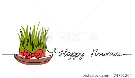 Happy Nowruz simple background, poster, banner with green wheat grass and red ribbon. One continuous line drawing, single lineart. Persian New Year greating, lettering Happy Nowruz 74701264