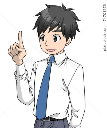 一個男人穿著襯衫和領帶用右手指解釋解釋 74701276