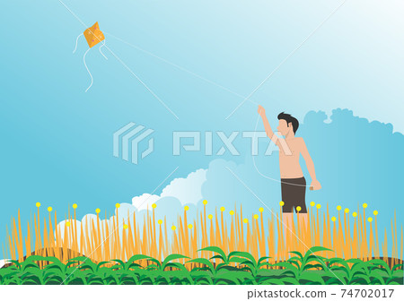 The boy takes his kite into the sky and plays with the wind in summer. Vector Flat Cartoon Illustration. The boy takes his kite into the sky and plays with the wind in summer. Vector Flat Cartoon Illustration. 74702017