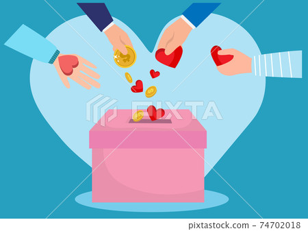 Hand put money coin and heart symbol in a charity box illustration for donation human care concept design 74702018