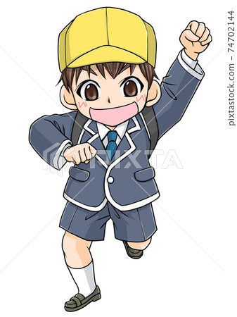 一個男孩背著黑色書包奔跑,舉起左手 一個男孩背著黑色書包奔跑,舉起左手 74702144