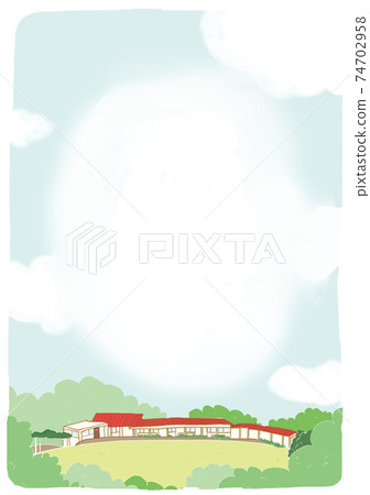 A garden building (school building) with a red roof surrounded by forest and the sky. A garden building (school building) with a red roof surrounded by forest and the sky. 74702958