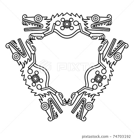 Triangular shaped crocodile ornament, in Aztec style, black and white illustration. Triangle, made of six crocodile body halves, mouths wide open, sharp teeths, and precious gems on bodies. Vector. Triangular shaped crocodile ornament, in Aztec style, black and white illustration. Triangle, made of six crocodile body halves, mouths wide open, sharp teeths, and precious gems on bodies. Vector. 74703192
