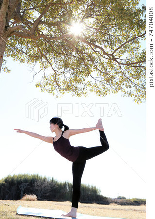 自然界中美麗的瑜伽教練的瑜伽位置拍攝 74704008
