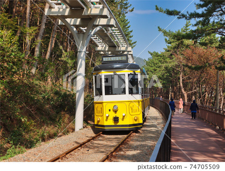 Aerial View of Haeundae Beach Train, Busan, South Korea Asia. Aerial View of Haeundae Beach Train, Busan, South Korea Asia. 74705509