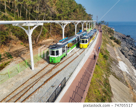 Aerial View of Haeundae Beach Train, Busan, South Korea Asia. 74705517