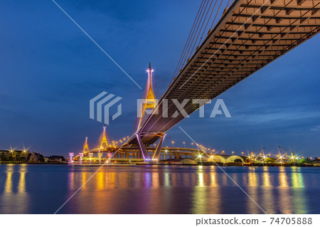 Bhumibol Bridge, Chao Phraya River Bridge. Turn on the lights in many colors at night. 74705888