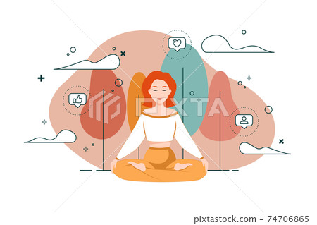 Girl meditates in the lotus position in the park or forest. The process of relaxation and recovery from social and like addiction. Approval seeking and emotional dependency. Addicted to Likes Vector Girl meditates in the lotus position in the park or forest. The process of relaxation and recovery from social and like addiction. Approval seeking and emotional dependency. Addicted to Likes Vector 74706865