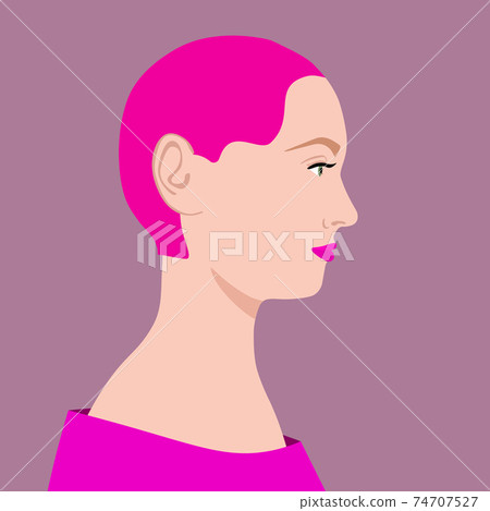 Portrait of a fashion woman. The head in profile of a European woman with pink color hair. Face of girl. Flat design for landing page, banner, social Media Avatar. Color vector illustration. 74707527