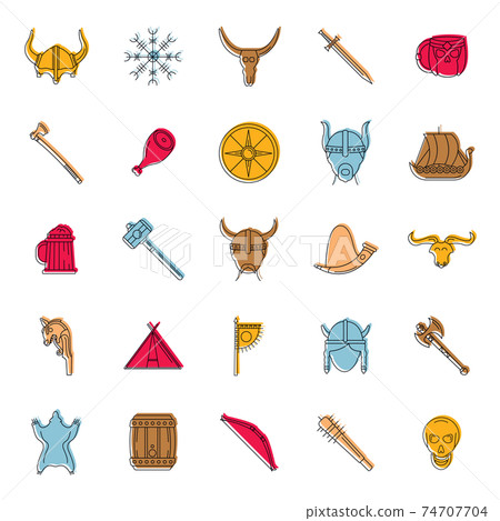 Vikings icons set, doodle style 74707704