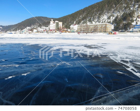 Colorful ice in winter on Lake Baikal in February 74708058