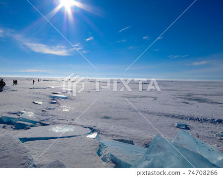 Colorful ice in winter on Lake Baikal in February 74708266