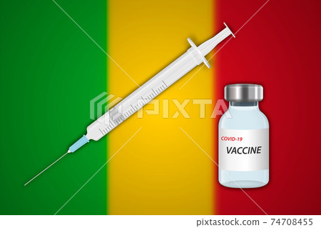 Syringe and vaccine vial on blur background with Mali flag, 74708455