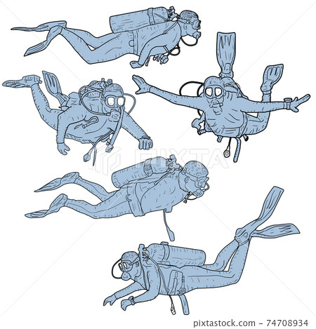 Set sketch silhouette scuba divers on white background 74708934