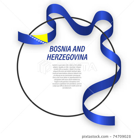 Waving ribbon flag of Bosnia on circle frame. Template for indep Waving ribbon flag of Bosnia on circle frame. Template for indep 74709028