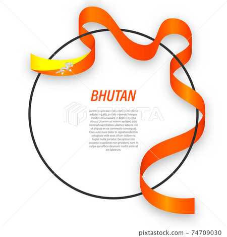 Waving ribbon flag of Bhutan on circle frame. Template for indep 74709030