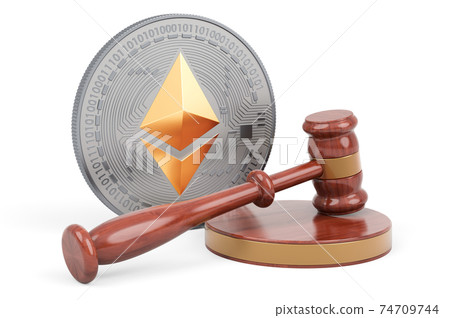 Ethereum with wooden gavel, 3D rendering 74709744