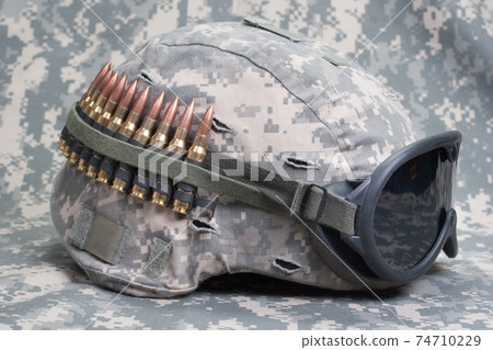 US ARMY protective helmet with digital pattern camouflage cover, protective goggles and ammutition maschinegun belt US ARMY protective helmet with digital pattern camouflage cover, protective goggles and ammutition maschinegun belt 74710229