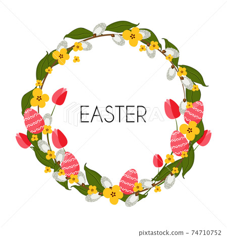 Easter flowets wreath. Happy holiday vector illustration. 74710752